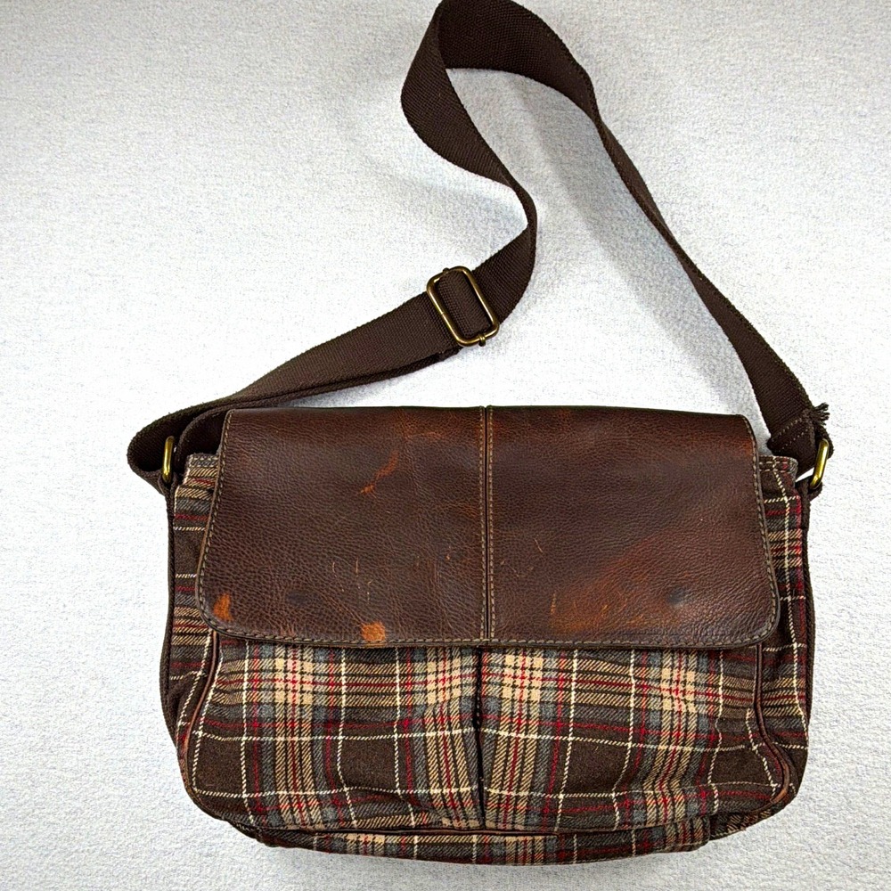 VTG 90's Fossil Tartan Wool Leather Flap Messenger Bag Brown academia Heritage